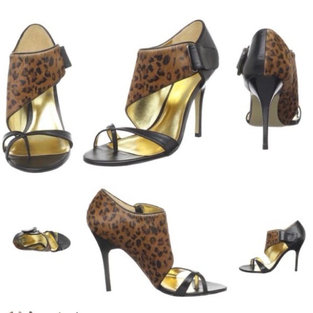 8. CHARLES DAVID Black/Leopard Leather & Calfhair “Furrtile” Open-toe stilettos